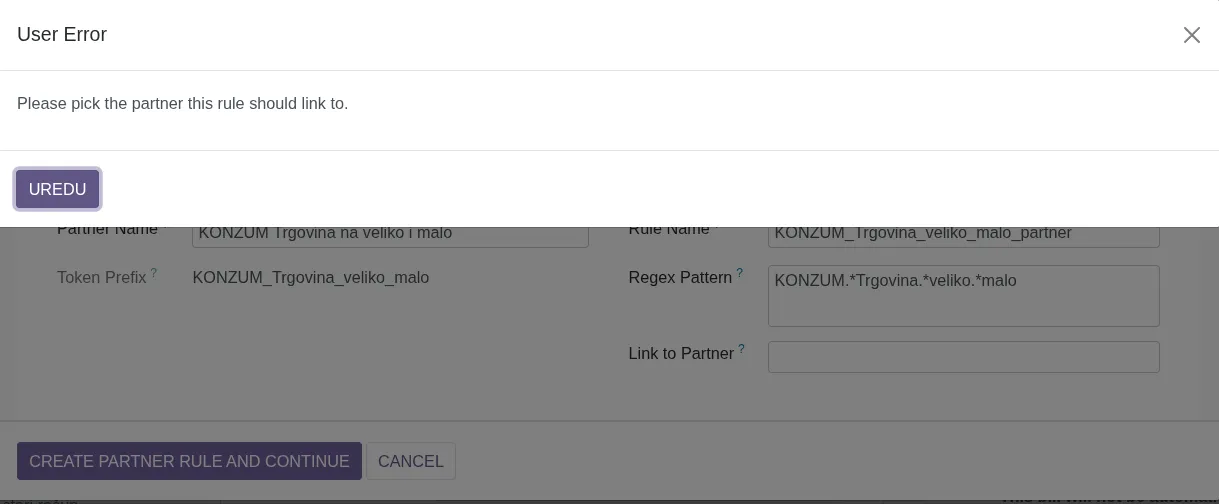 Link to Partner polje prazno nakon greške