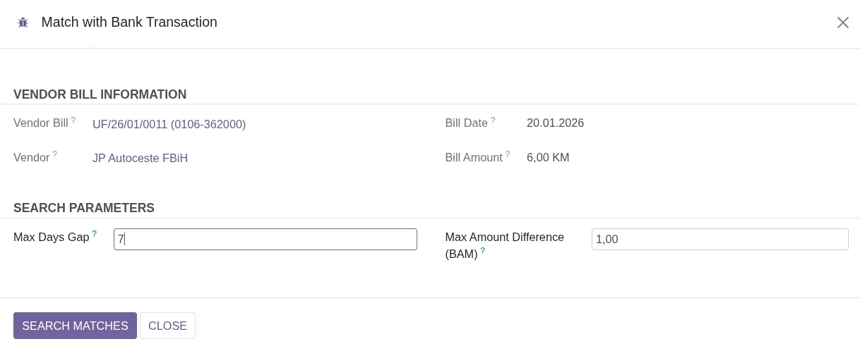 Match with Bank Transaction wizard