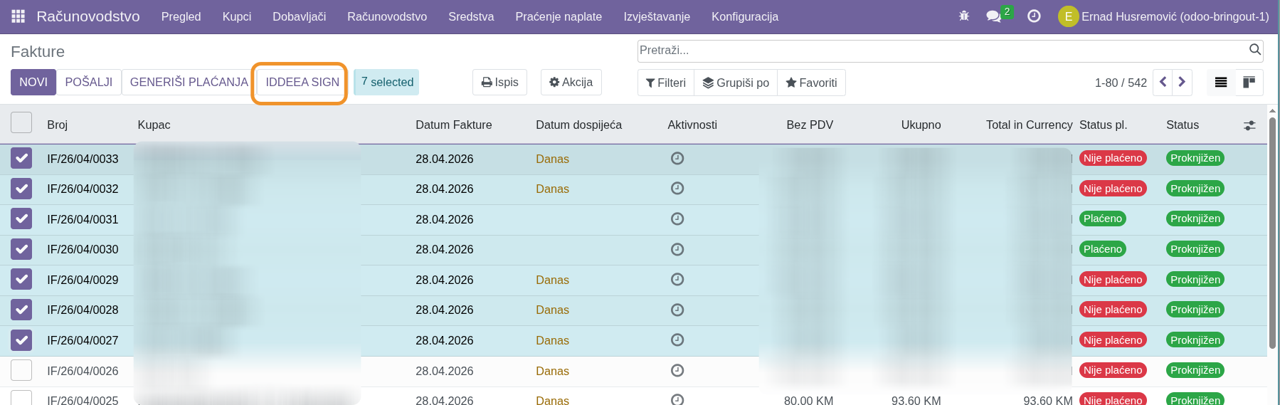 Bulk KEP potpisivanje više faktura odjednom u Odoo listi