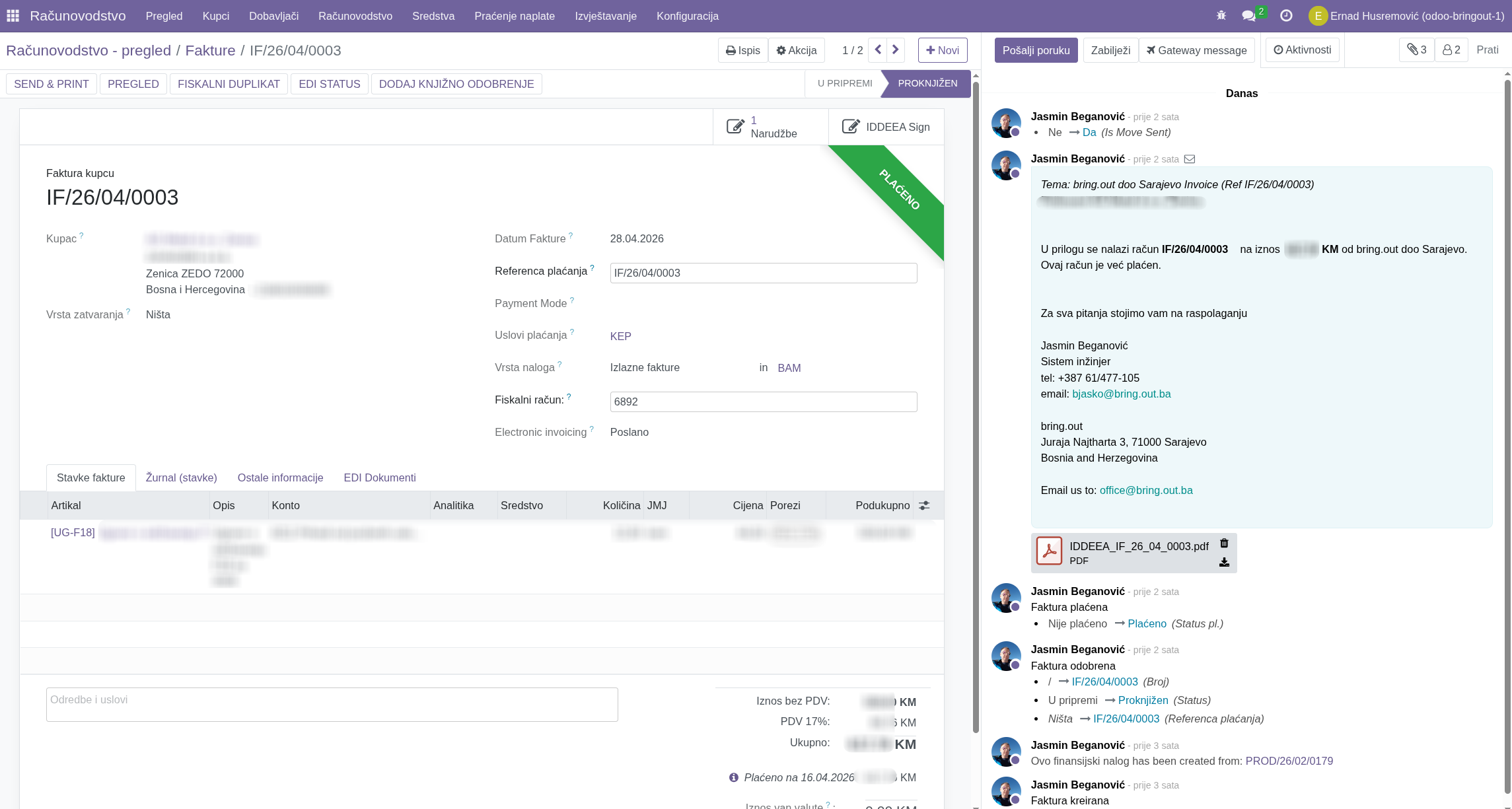 Odoo faktura sa IDDEEA Sign tipkom i poslanim email-om