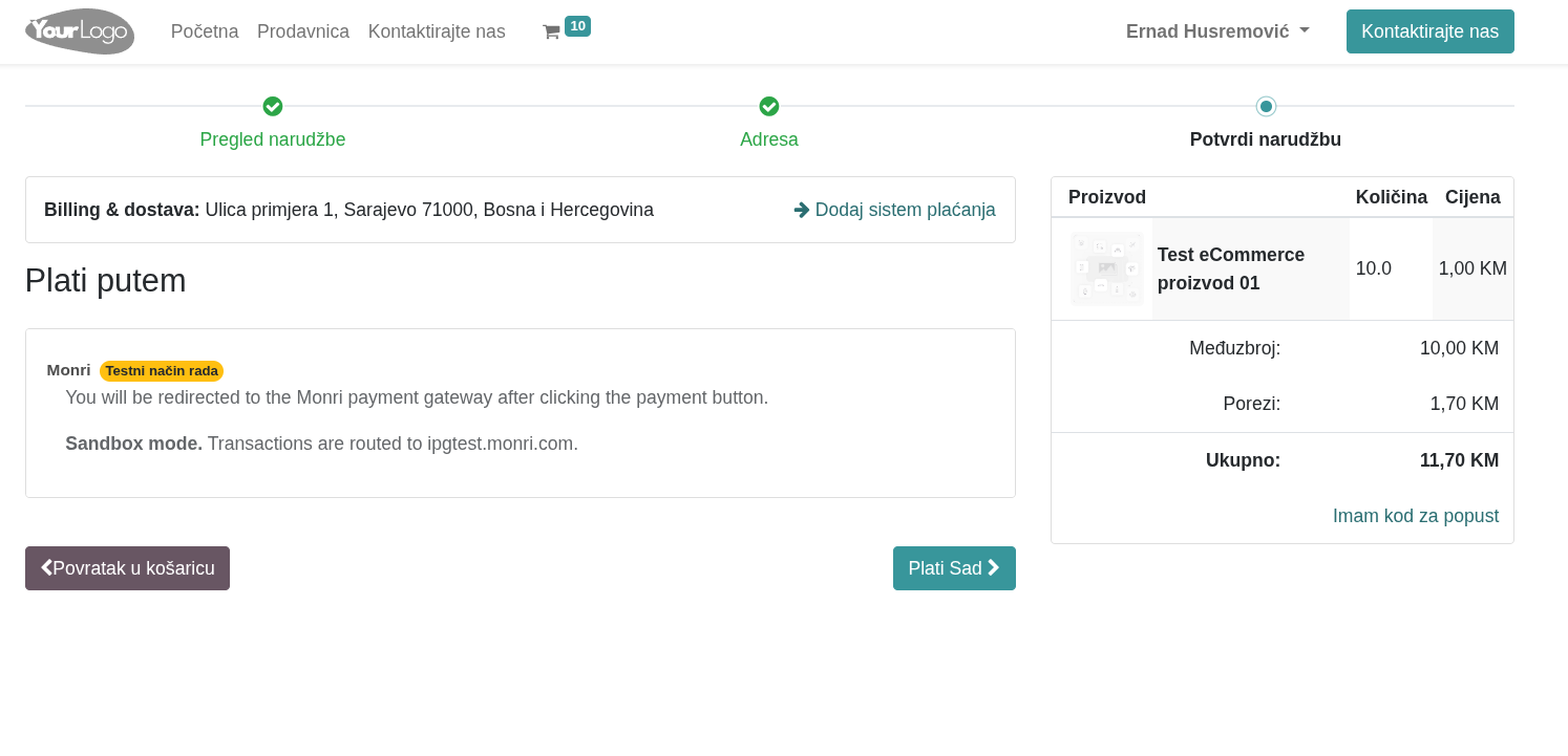 Odabir Monri kao načina plaćanja
