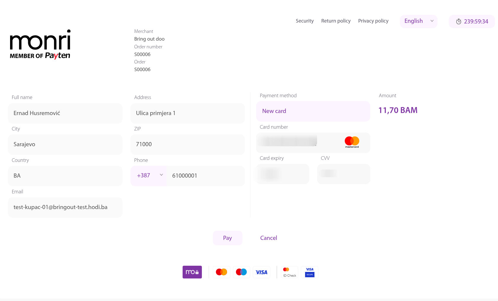 Monri hostovana stranica za unos kartice