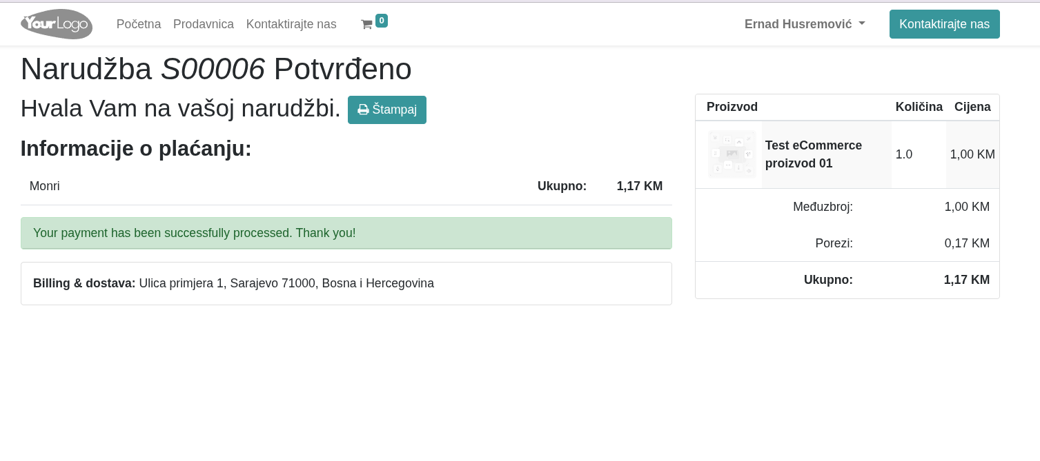 Uspješno potvrđena narudžba