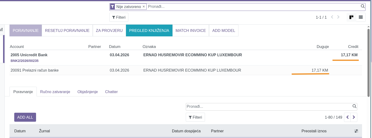 OCA Reconcile dugmad