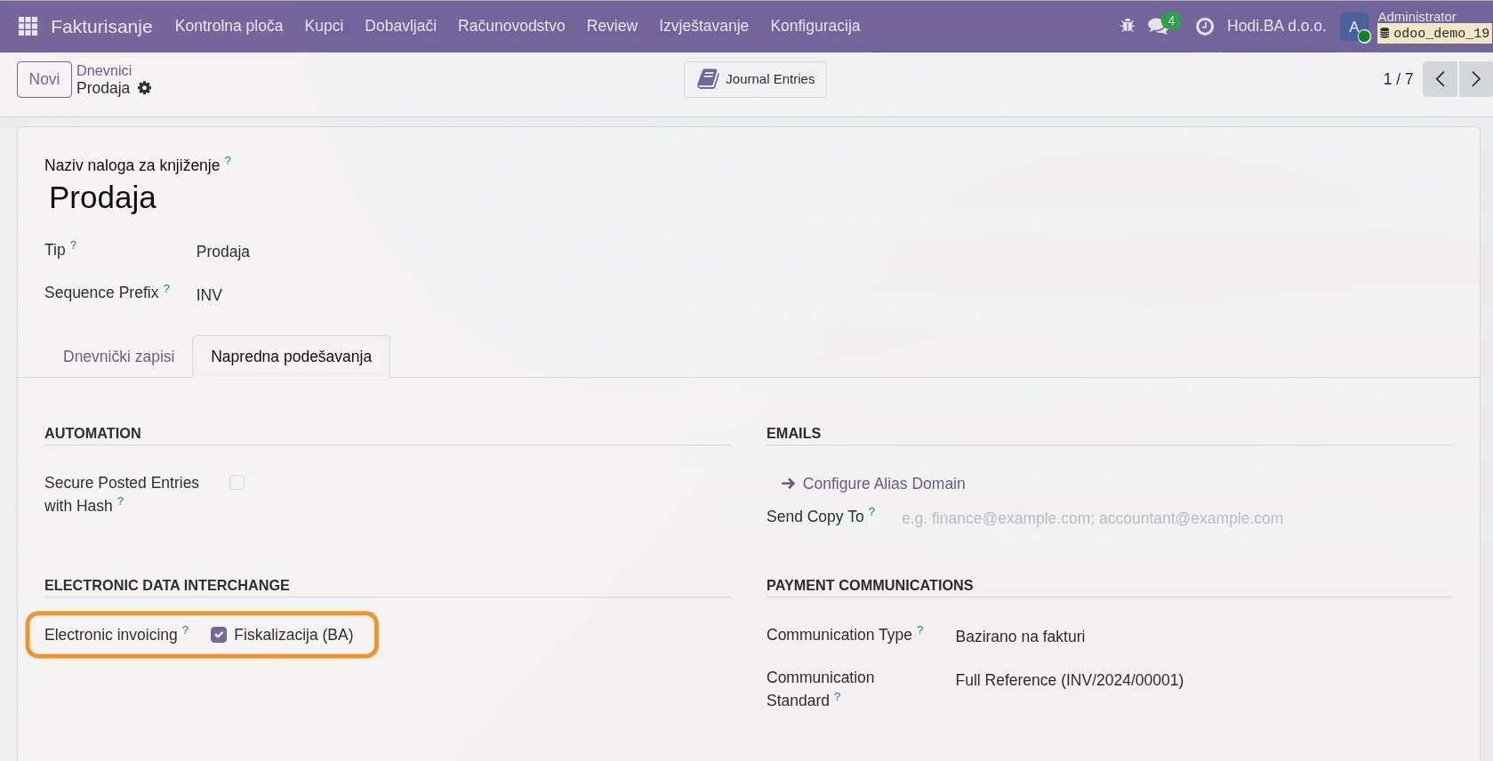 Journal EDI podešavanje