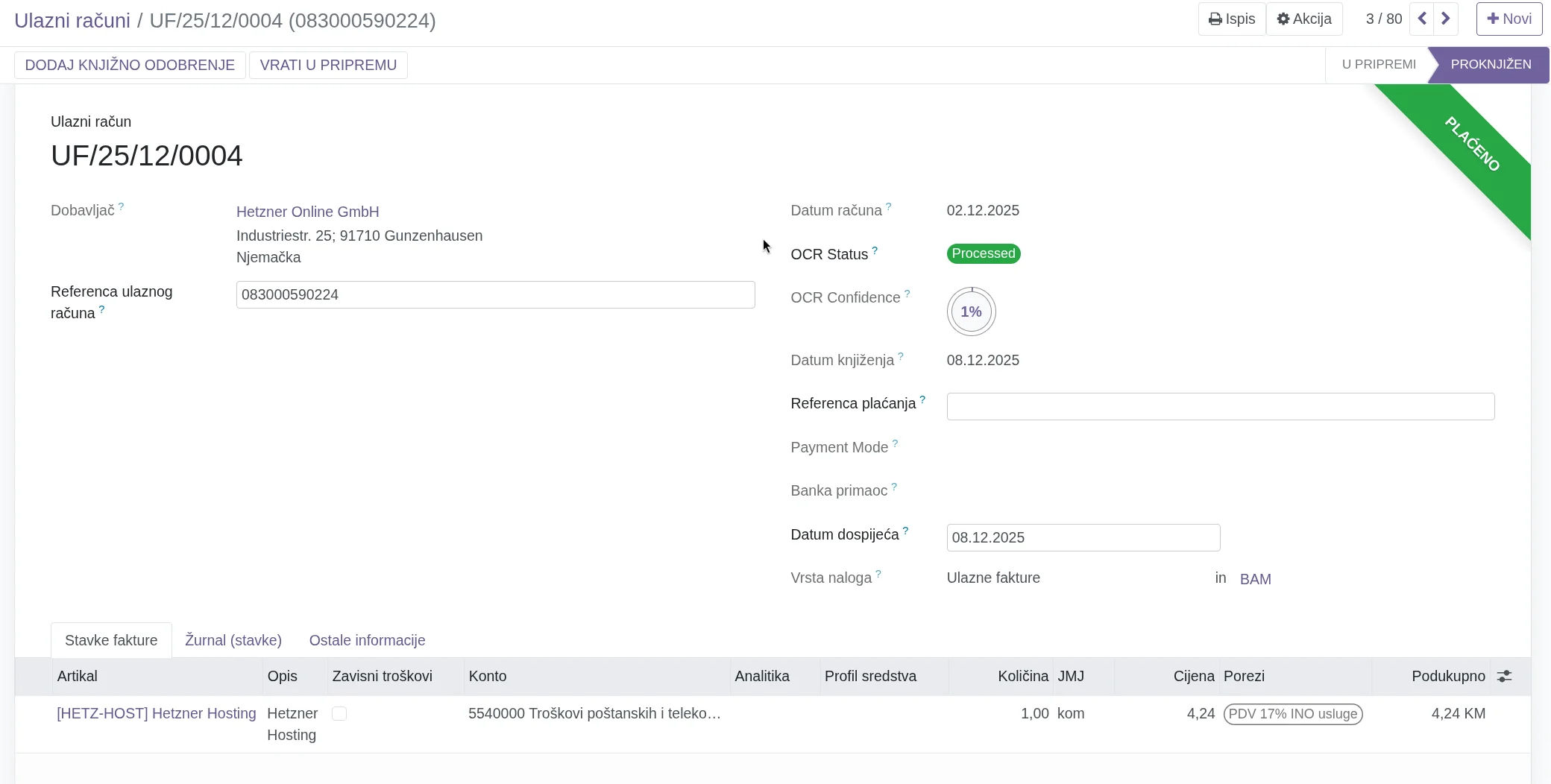 Ulazna faktura Hetzner